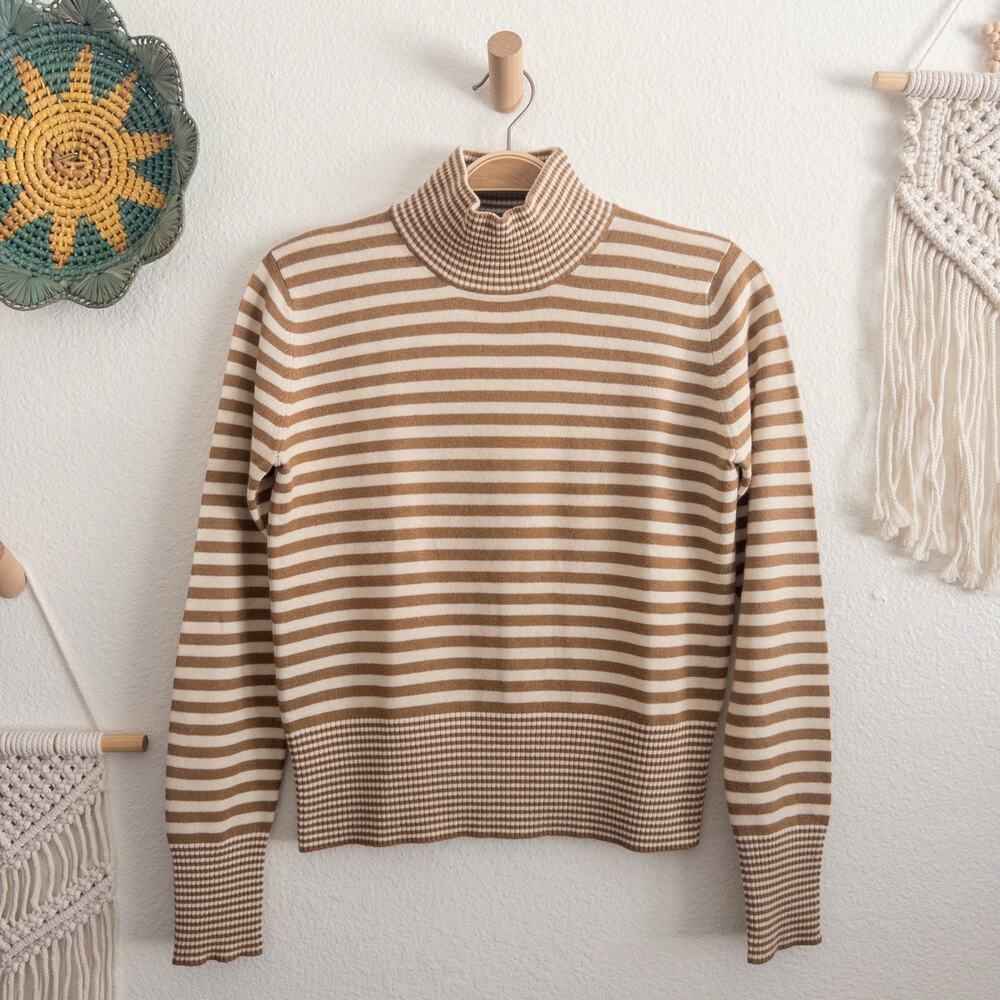 Melrose Studio Tussah Silk and Angora Tan Cream Stripe Combo Knit Sweater Small